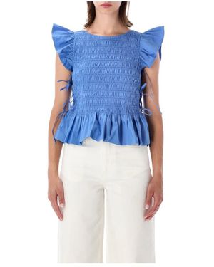 Ganni Overhemden ,Blauw ,Katoen Smocked Cotton Top Marina