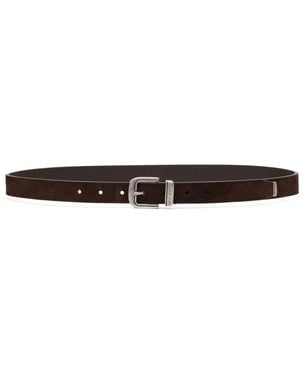 Brunello Cucinelli Accessoires ,Zwart ,Leer Zwarte Leren Riem Met Zilveren Gesp - Bruin