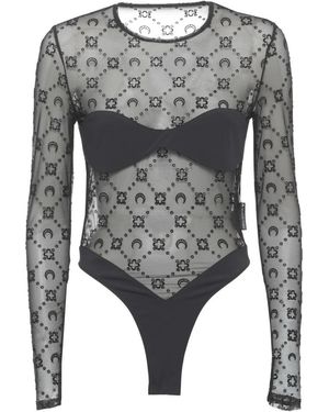 Marine Serre Tops ,Zwart ,Tweed Moonogram Mesh Flock Bodysuit Top - Grijs
