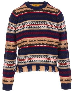 Guest In Residence Blauer Gestreifter Strickpullover Mit Fransen