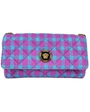 Versace Tassen ,Veelkleurig ,Tweed Gewatteerde Plaid Tweed Crossbody Tas Met Medusa Hoofd - Blauw