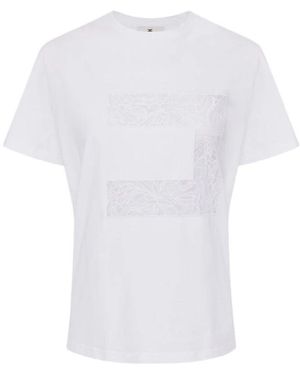 Elisabetta Franchi Geripptes crew-neck t-shirt mit spitzenbesätzen - Weiß