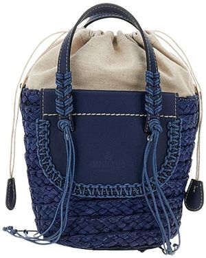 CUBA LAB Gewebte Bast-Bucket Bag Mit Leder-Einsätzen - Blau