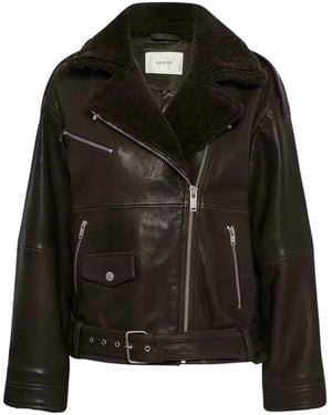 Gestuz Jassen ,Bruin ,Leer Shearling Biker Jacket - Zwart
