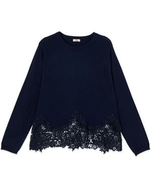 Oltre Viskose-Mischung Pullover Mit Spitzeneinsatz - Blau