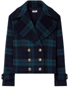 Liu Jo Jassen ,Blauw ,Wol Korte Double-Breasted Jas Met Ruitpatroon
