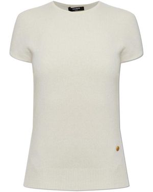 Balmain Truien & Vesten ,Wol Cream Logo Appliqué Top - Wit
