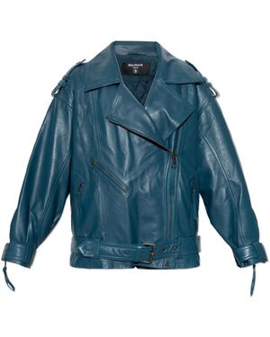Balmain Jassen ,Blauw ,Leer Leren Jas Met Riem