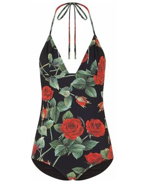 Dolce & Gabbana Einteiliger Badeanzug Mit Rosenprint - Grün