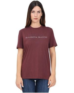 Elisabetta Franchi Burgundy Logo Print Short Sleeve T-Shirt, Mujer, Talla - Morado