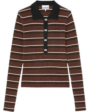 Ganni Tops ,Bruin ,Wol Mini Ribgebreide Merinowol Poloshirt