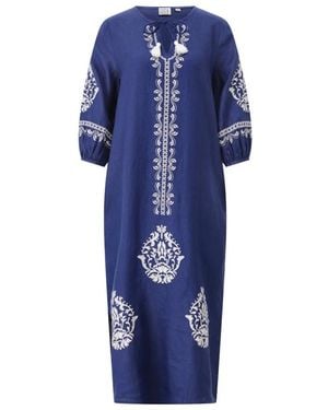 Emily Van Den Bergh Boho Leinen Midi Kleid Mit Stickerei - Blau