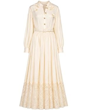 Self-Portrait Viscose Kanten Geplooide Midi Jurk - Naturel