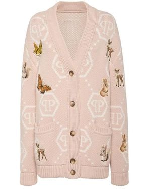 Philipp Plein Truien & Vesten ,Wol Lange Oversized Cardigan Met Feeënborduursel - Roze