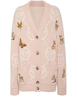 Philipp Plein Truien & Vesten ,Wol Lange Oversized Cardigan Met Feeënborduursel - Roze