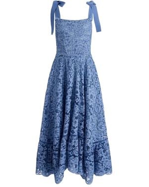 Alice + Olivia Floral Lace Ankle-Length Dress With Corset Bodice And Ribbon Straps - Blue