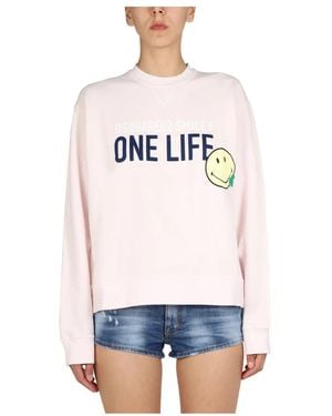 DSquared² Hoodies & Sweatvesten ,Roze ,Felpa Smiley Crew Neck - Wit