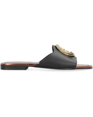 Just Cavalli Leren Vierkante Neus Slides - Zwart