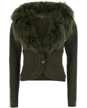 Markgong Strickjacke Mit Abnehmbarem Fuchspelzkragen - Grün