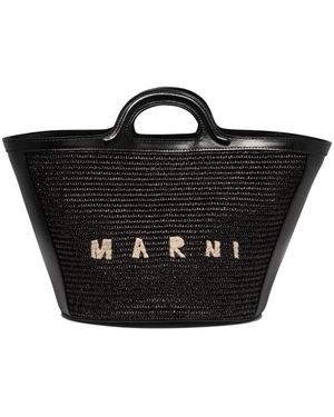 Marni Geweven Raffia Tote Bag Met Leren Afwerking - Zwart