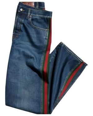 Gucci Katoenen Denim Broek Met Web Detail - Blauw