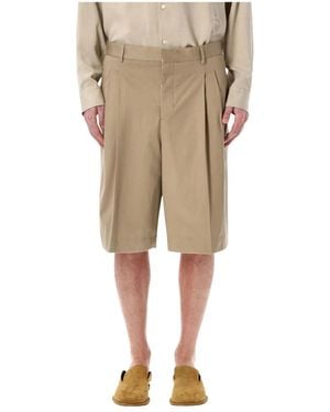 Ami Paris Pleated Cotton Bermuda Shorts - Naturel