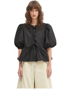 Ganni Baumwoll-Popeline-Peplum-Bluse Mit Bindedetail - Schwarz