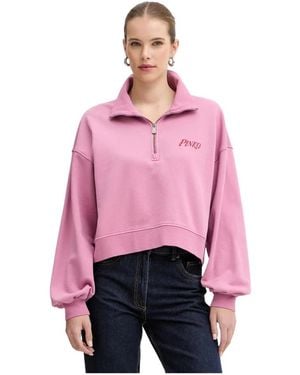 Pinko Hoodies & Sweatvesten ,Roze ,Katoen Sweatshirt Met Kwartrits En Print