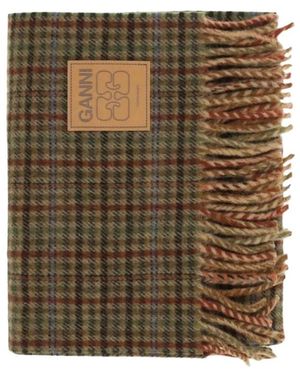Ganni Accessoires ,Bruin ,Wol Plaid Wol Sjaal Met Franjes - Groen