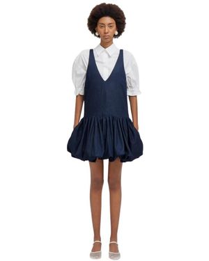 WEILI ZHENG Kurzes Ballonkleid Aus Chambray Mit Tiefem V-Ausschnitt - Blau