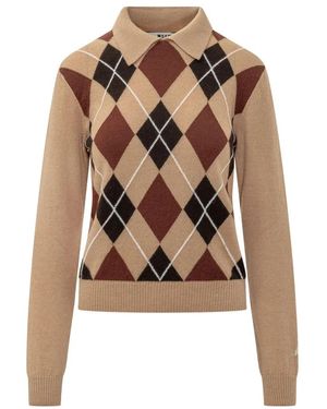 MSGM Tops ,Argyle Poloshirt Sweater - Bruin