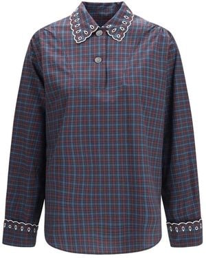Marni Geruit Katoenen Overhemd Met Geborduurde Details - Blauw