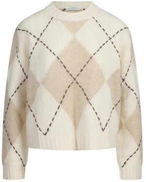 Ballantyne Roundneck Cropped Diamond Jumper - Naturel