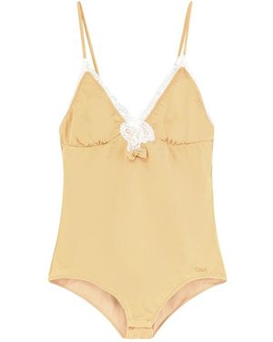 Chloé Tops ,Bruin ,Bodysuit Met Kanten Rand En Ruches - Geel