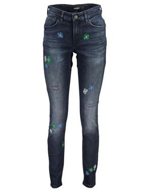 Desigual Skinny Jeans Met Bloemenborduursel - Blauw
