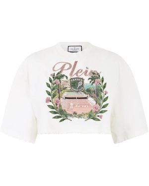 Philipp Plein Tops ,Wit ,Katoen Cropped T-Shirt Cannes Tennis Club