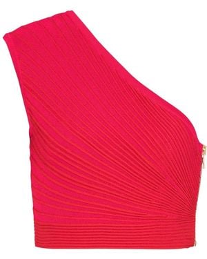 Balmain Tops ,Roze ,One-Shoulder Flechage Knit Cropped Top - Rood