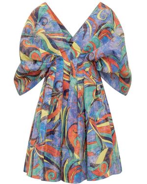 Rochas Kleedjes ,Veelkleurig ,Polyester Geplooide Minijurk Met Grafische Print - Blauw