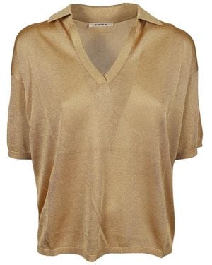 Kangra Goldfarbenes V-Ausschnitt Viscose Polo Shirt - Natur