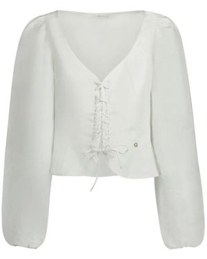 Guess Witte Linnen V-Hals Shirt Met Logo