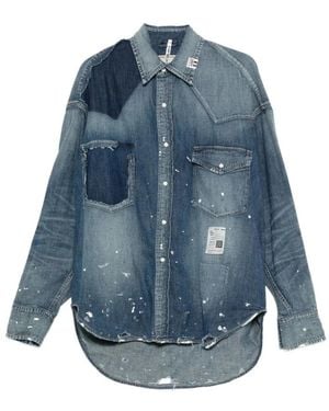 Maison Mihara Yasuhiro Blauwe Verfspatten Patchwork Shirt