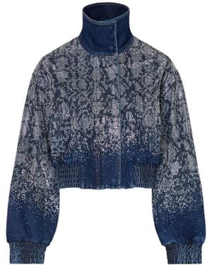Liu Jo Gecroppte Jeans-Bomberjacke Mit Python-Print Und Strass - Blau