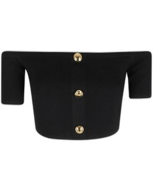 Elisabetta Franchi Overhemden ,Zwart ,Off-The-Shoulder Ribbed Crop Top Met Knoopdetail