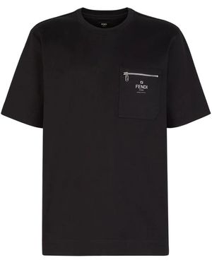 Fendi Schwarzes Geripptes T-Shirt Mit Reißverschlusstasche