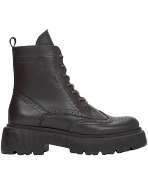ESTRO Premium Stiefeletten Aus Italienischem Leder Mit Folkloristischen Perforationen - Schwarz