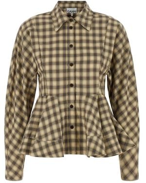Ganni Overhemden ,Katoen Ruit Flanellen Peplum Shirt - Groen