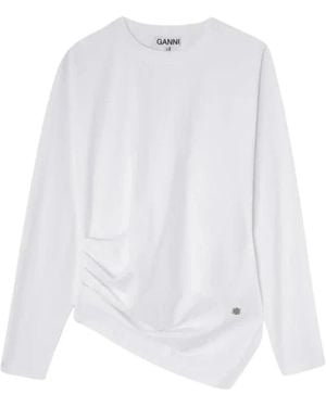 Ganni Tops ,Wit ,Katoen Asymmetrische T-Shirt Van Gedrapeerd Breiwerk