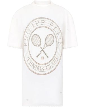 Philipp Plein Kleedjes ,Wit ,Katoen Open Back T-Shirt Mini Jurk Tennis Club