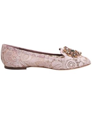 Dolce & Gabbana Rosa Spitze Kristall Flache Schuhe - Pink