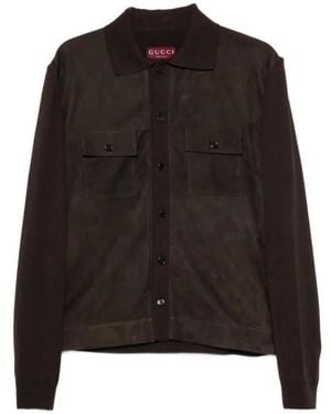 Gucci Jassen ,Bruin ,Suède L/S Shirt Soft Suede With Knit - Zwart